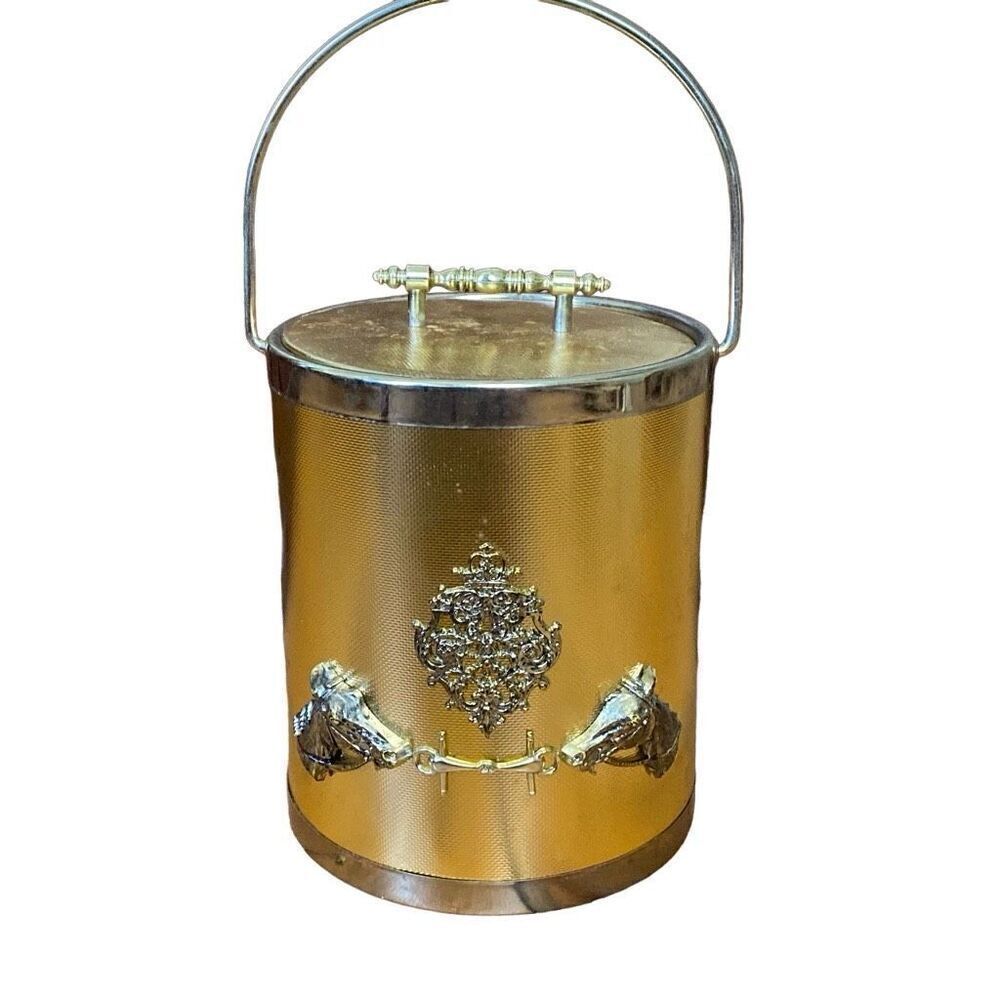 VINTAGE HANKYU MID CENTURY GOLD ICE BUCKET W/ 2 HORSE HEADS
